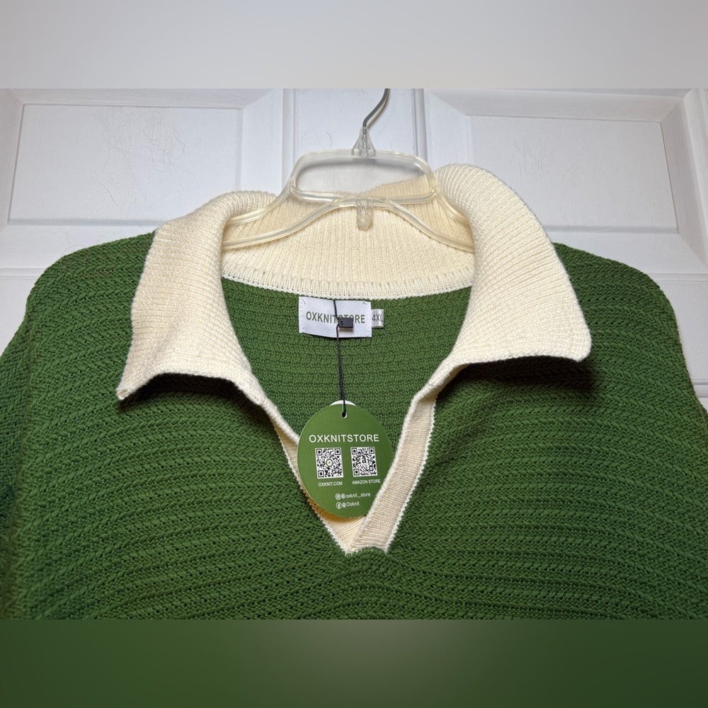 Oxknit Green Ivory Collared SS Sweater 4XL Plus NWT 60’s 70’s Retro 100% Cotton - Picture 2 of 9